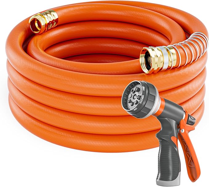 Garden Water Hose 50 ft x 3/4 in Heavy Duty, Flexible and Lightweight, Burst 600 psi, Kink-less Hybrid Rubber Pipe for Backyard, 3/4'' Brass Fittings, Orange