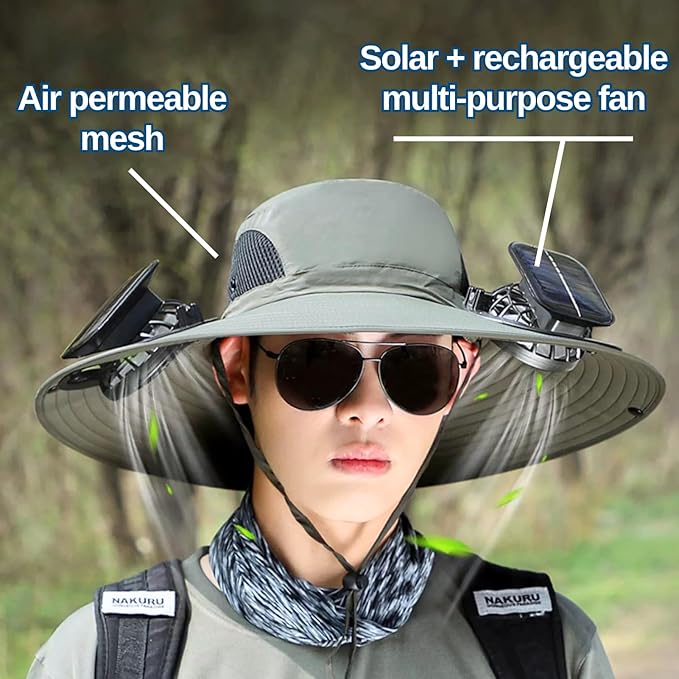 Wide Brim Sun Hat with Solar Fan, Solar Fan Hat, Men Sunscreen Sun Hats with Fans, SolarFan Outdoor
