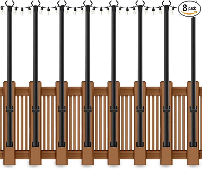8 Pack 5 Ft String Light Poles, String Light Poles for Outside with Fixing Clips,Metal Poles for Outdoor String Lights, Hanging Light Poles for Deck Fence Garden Backyard Wall Bistro