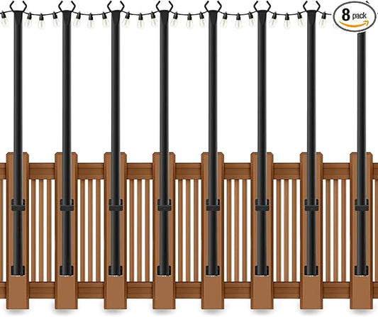 8 Pack 5 Ft String Light Poles, String Light Poles for Outside with Fixing Clips,Metal Poles for Outdoor String Lights, Hanging Light Poles for Deck Fence Garden Backyard Wall Bistro