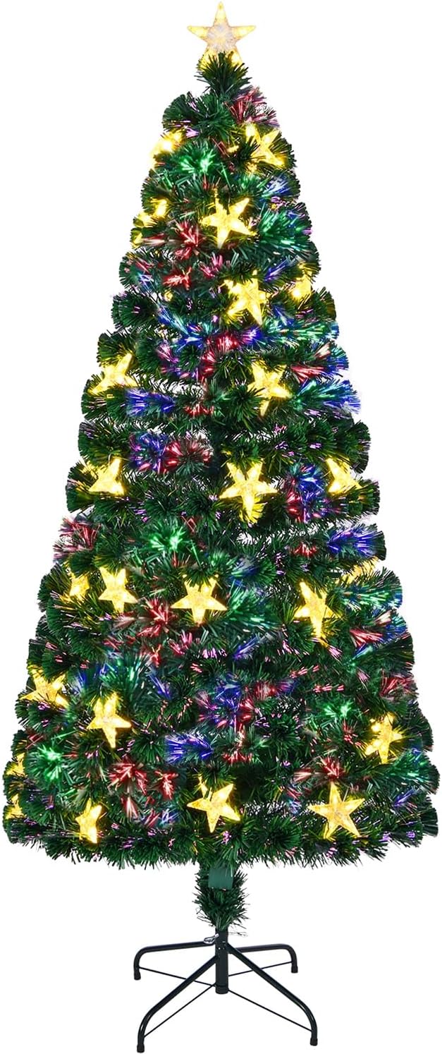 Juegoal 6ft Pre-Lit Artificial Christmas Tree, Lighted Optical Fiber Xmas Trees with Warm White Large Stars & Color Changing Optical Fiber Lights, Party Home Holiday Green Fake Tree with Metal Legs