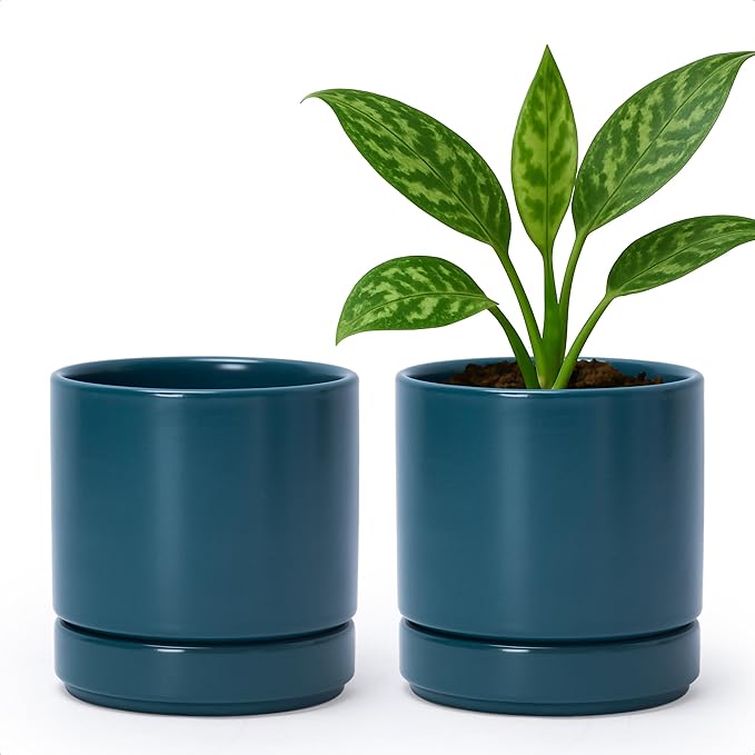 D'vine Dev Set of 2 Plants Pots, 4.7 Inch Ceramic Planter Pot for Plants with Drainage Hole and Saucer, Teal, 94-V-B-9