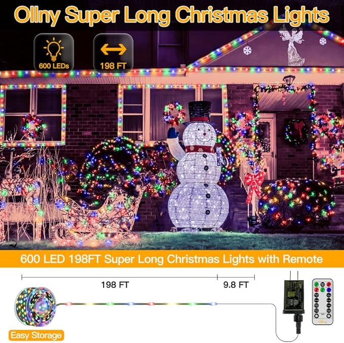 Ollny Christmas Lights, 198 FT 600 LED Outdoor Waterproof Plug in Christmas Tree Lights with 8 Modes Remote Timer, String Lights for House Yard Outside Indoor Xmas Decorations Multicolor