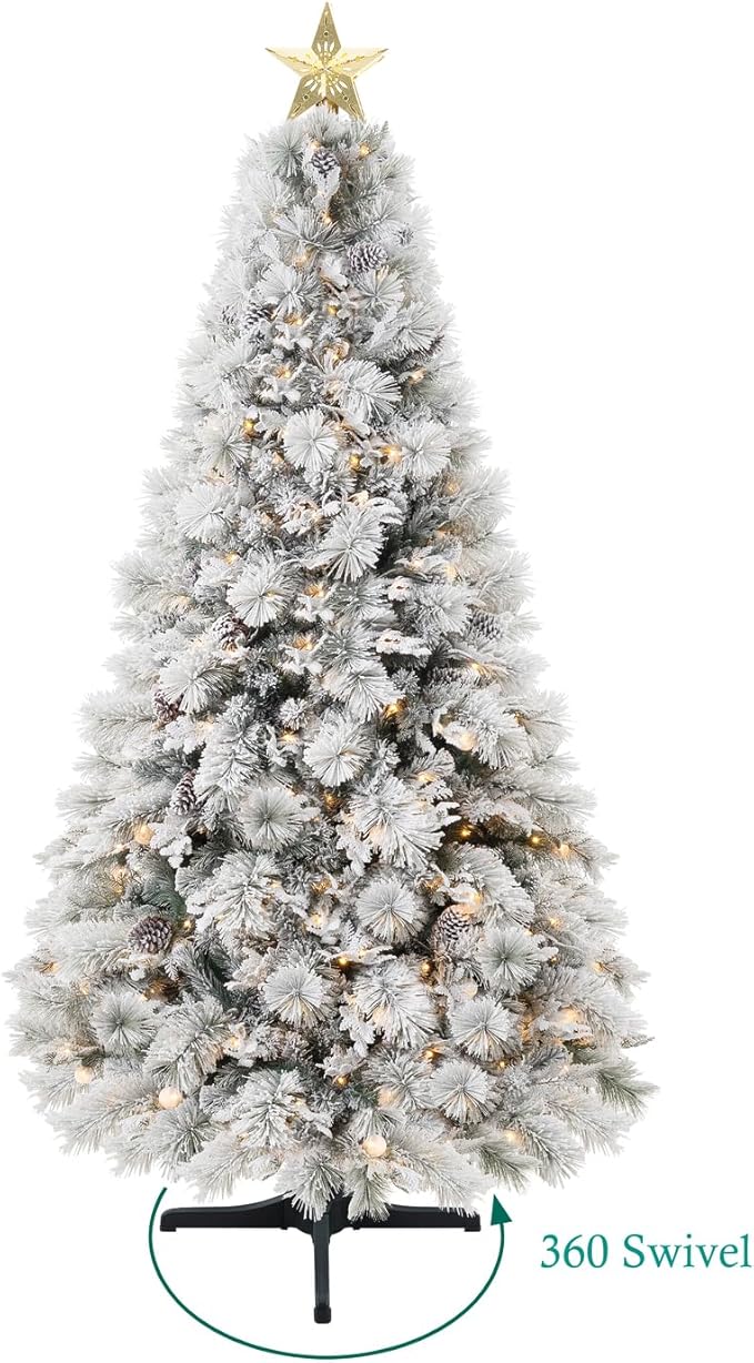 Darla 6.5ft Snow Flocked Rotating Christmas Tree with Star Projector, 35 Pine Cones, 674 Branch Tips, 300 Warm Lights and Rotating Base, 44" Wide Snowy Frosted Pine Christmas Tree with Lights