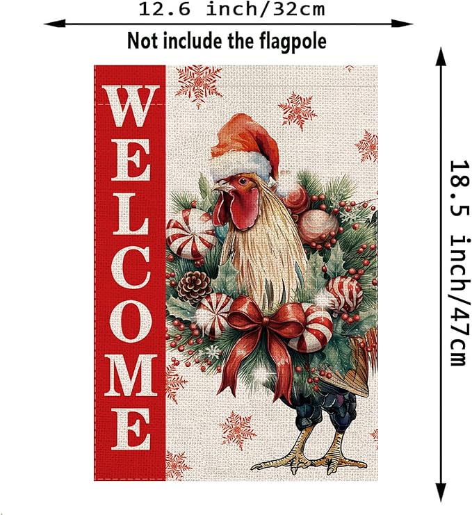Christmas Garden Flag Welcome Xmas Chicken Winter Holiday Decorations Burlap Vertical Double Sided Farmhouse Yard Lawn Outdoor Decor 12.5 x 18 Inch