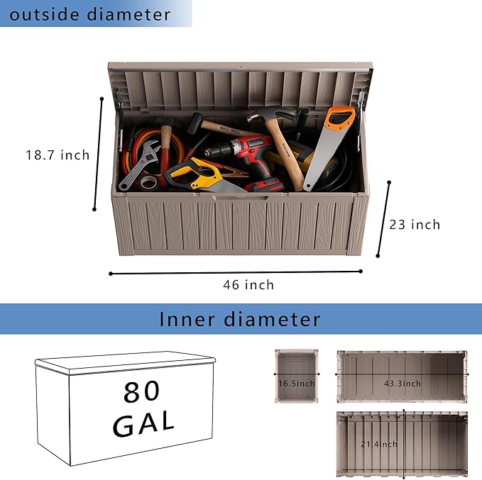 80 Gallon Waterproof Resin Deck Box, UV Resistant Outdoor Storage for Garden, Patio, Porch, Delivery, Black