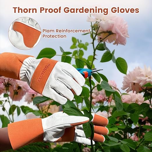 Gardening Gloves, Long Thorn Proof Garden Gloves for Women and Men, Goatskin Breathable Leather Work Gloves for Gardening, Pruning, Yard Work, Brown, XL