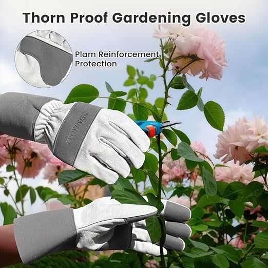 Gardening Gloves, Long Thorn Proof Garden Gloves for Women and Men, Goatskin Breathable Leather Work Gloves for Gardening, Pruning, Yard Work, Grey, M