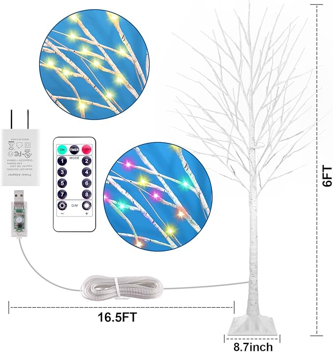 6FT Lighted Birch Tree with 130 LED Warm White and Multicolor Lights, 8 Modes, Timer Remote Faux Light Up Twig Christmas Tree for Indoor Outdoor Xmas Holiday Party Garden Decoration (2 Pack)