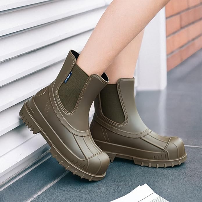 Short Rain Boots Women Waterproof Ankle Rainboots Fashion Chelsea Boots Non-Slip Garden Shoes for Outdoor Work Booties
