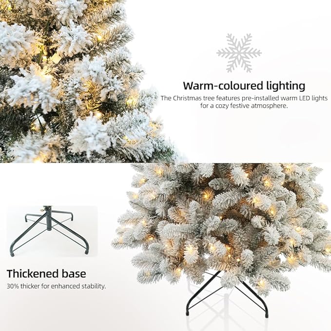 CHILLSUN Prelit Christmas Tree with Lights 6ft, Premium Snow Flocked Artificial Xmas Tree with 874 Branch Tips and 250 Warm Lightsm, Metal Reinforced Base Easy Assembly for Christmas Decorations,White
