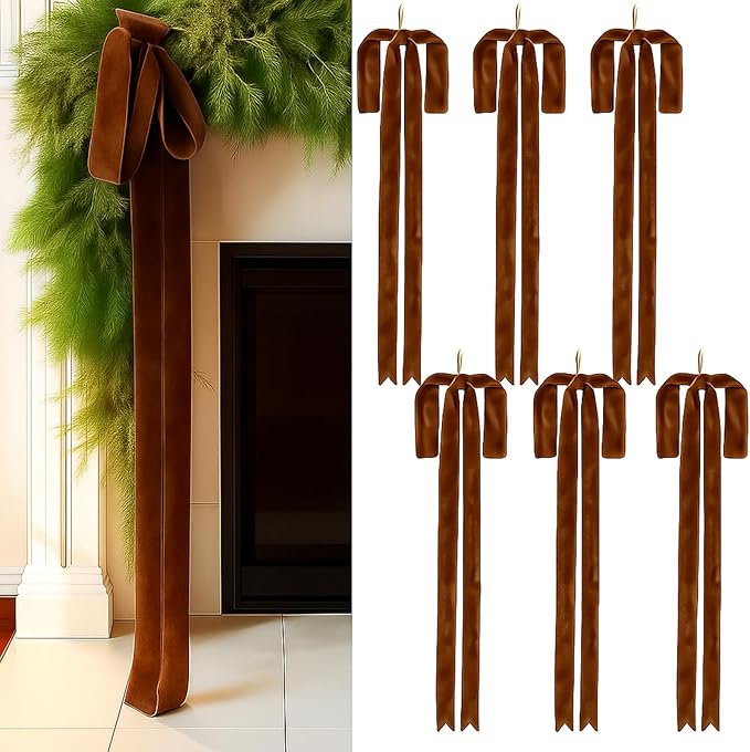 Janinka 6 Pcs Light Brown Velvet Christmas Swag Bow 31.5 x 23.6 inch Large Neutral Christmas Ornament Vintage Rustic Velvet Staircase Wreath Bows Xmas Tree Topper Bows Large Bow for Outdoor