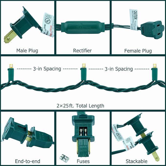 YULETIME Warm White Wide Angle LED Christmas Lights 200 Count 50 ft, Pack of 2 Strands 25 ft 100 Lights UL Certified String Light Set (Warm White)