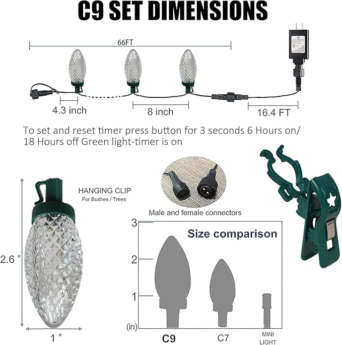 TW SHINE C9 Christmas Lights, 100 LED 66 FT Christmas String Lights Outdoor with 100 Spring Clips and Timer, Waterproof Connectable for Indoor Yard Xmas Tree House Decorations (Warm White)