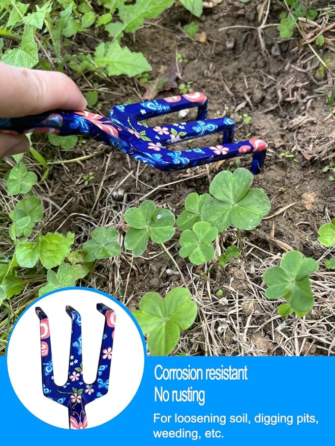 Pruning Shears, Large Soil Shovel, Dirt Rake, Gardening Daily Loosening and Pruning, Non-Slip and Durable, Gift for Men and Women (Gardening Tools Aluminum Set) (Dark Blue Flower 3 PCS Tool)