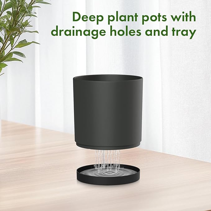 12/10/8 inch Large Deep Plant Pots, 3 Pack Tall Cylinder Flower Pots for Outdoor Indoor Plants, Plastic Planters with Drainage Holes and Saucers for Garden Porch House Plants, Black