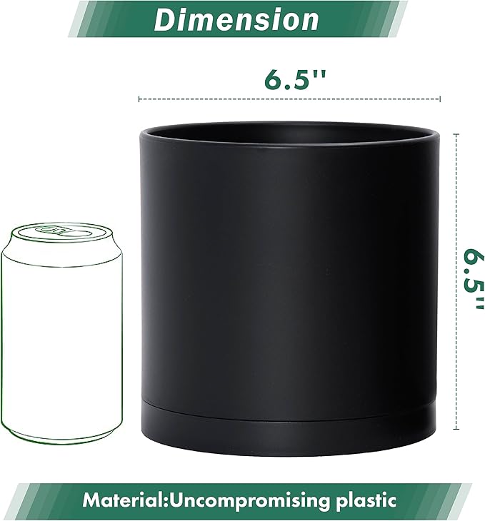 D'vine Dev 4 Pack 6.5 Inch Modern Plastic Plant Pots, Small Garden Planters for Plant with Drainage Holes and Saucers, Black Color, 74-Y-L-2