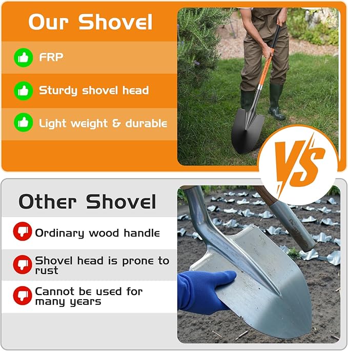 HIGHLIGHT Spade, Heavy Duty Gardening Shovel, Garden Shovel 56 inch for Digging, Round Shovel with D-Handle, for Garden,Beach, Snow, Fiberglass Handel, Orange