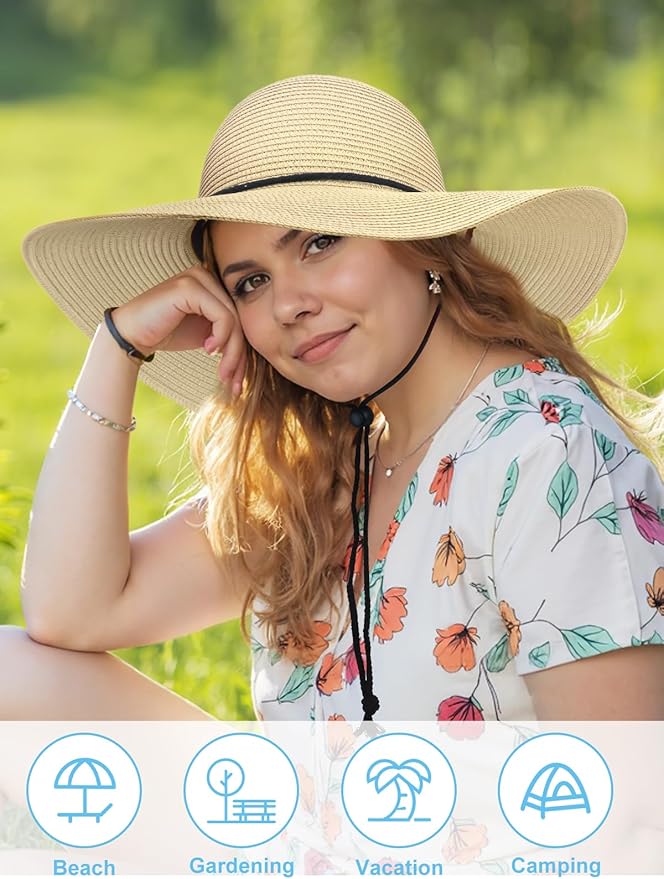 Senker Fashion Sun Hats for Women, Wind Lanyard Wide Brim Straw Hat for Summer Beach Garden Vacation Foldable UPF 50+