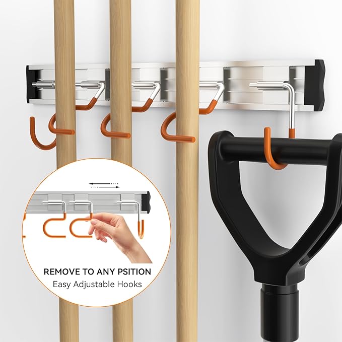 34.5'' Aluminum Alloy Garden Tool Organizer Wall Mount Garage Organizers and Storage with Hooks Tool Hangers for Shed Hooks for Shovel, Rake, Broom & More