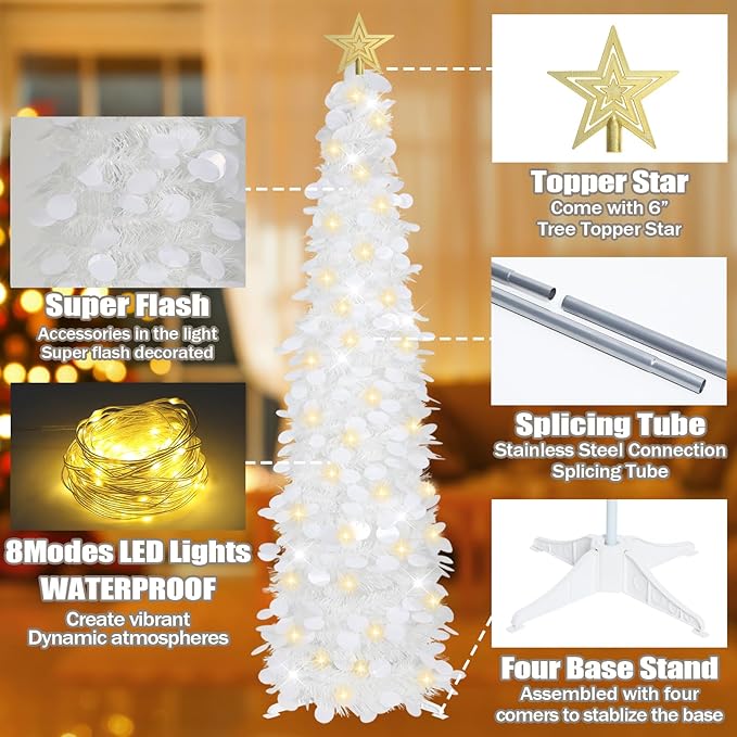 HMASYO 5 FT Pop Up Christmas Tree with Timer Lights, White Christmas Tinsel Tree, Collapsible Artificial Pencil Christmas Tree for Indoor Home Apartment Porch Holiday Party Decorations