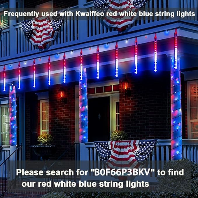 Kwaiffeo 4th of July Decorations Outdoor Red White and Blue Meteor Shower Lights for Patriotic Independence National Memorial Day Decorations, 24 Tubes(Equivalent to 3 Sets of 8-Tubes)