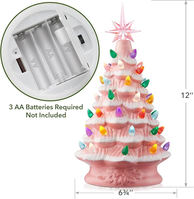 Casafield Hand Painted Ceramic Christmas Tree, Pink Snow Flocked 12-Inch Pre-Lit Tree with 100 Multi Color Lights and 2 Star Toppers