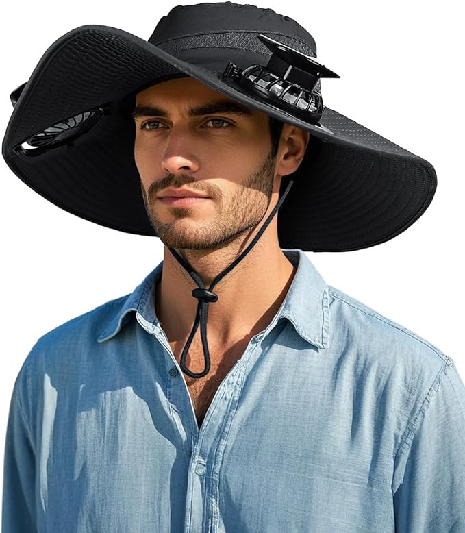 Wide Brim Sun Hat with 2 Solar Fan, Sun Bucket Hat for Men Women, UPF 50+ Bucket Fishing & Beach Hat with Fan