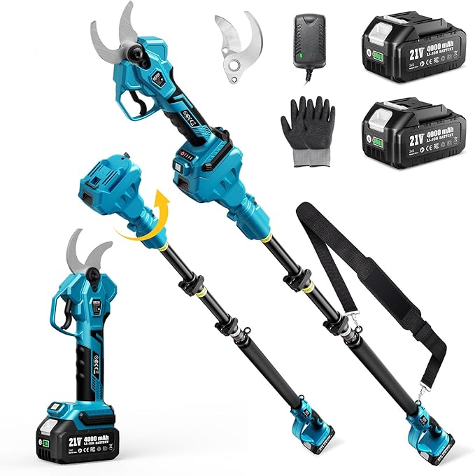 SEESII 2-in-1 Pole Pruning Shears: 1.6" Cutting Diameter Cordless Electric Pole Pruners - Brushless Motor, Dual 4.0Ah Batteries, Extra SK5 Blade, 4 Modes Adjustable Branches Cutter for Tree & Flower