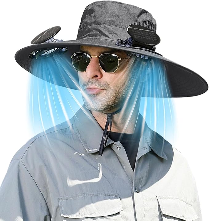 Solar Fan Hat Wide Edge Outdoor, Waterproof Solar Powered Fan Hat with 2 Solar Fan for Men Women, Lightweight Cooling Hats with Detachable and 3-Speed Adjustable Solar Fan Black