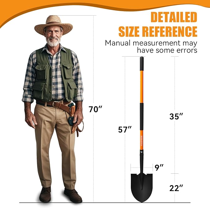Heavy Duty Digging Shovel 57 Inch Fiberglass Handle with Serrated Steel Blade Ergonomic Grip for Gardening Landscaping Construction