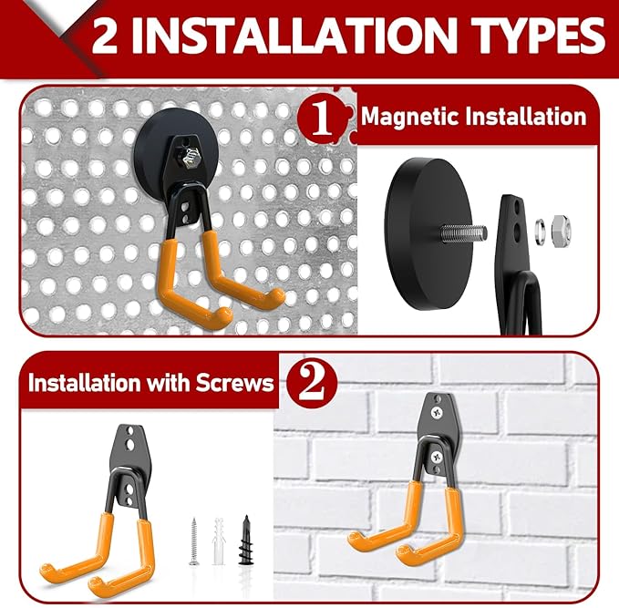 3-H Heavy Duty Magnet Garage Hooks 2 Pack, Large Strong Magnetic Hooks for Hanging Cordless Power Drill, Utility Magnetic Tool Holder for Metal Cabinet, Steel Pegboard, Toolbox, Garage(Orange)