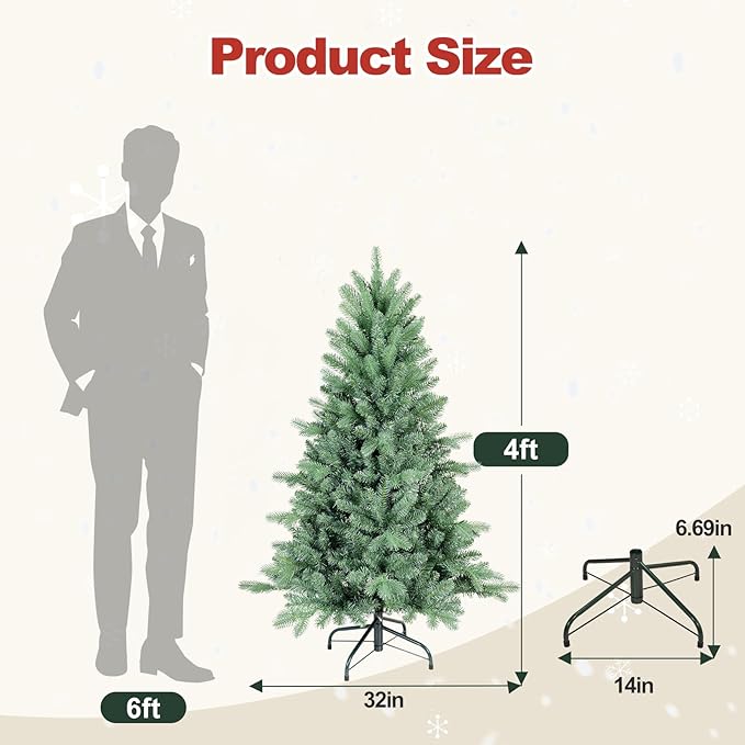 4 Ft Blue Spruce Artificial Christmas Tree, Hinged Unlit Xmas Trees with 1390 PE&PVC Mixed Branch Tips, Home Holiday School Decor with Foldable Base Easy Setup