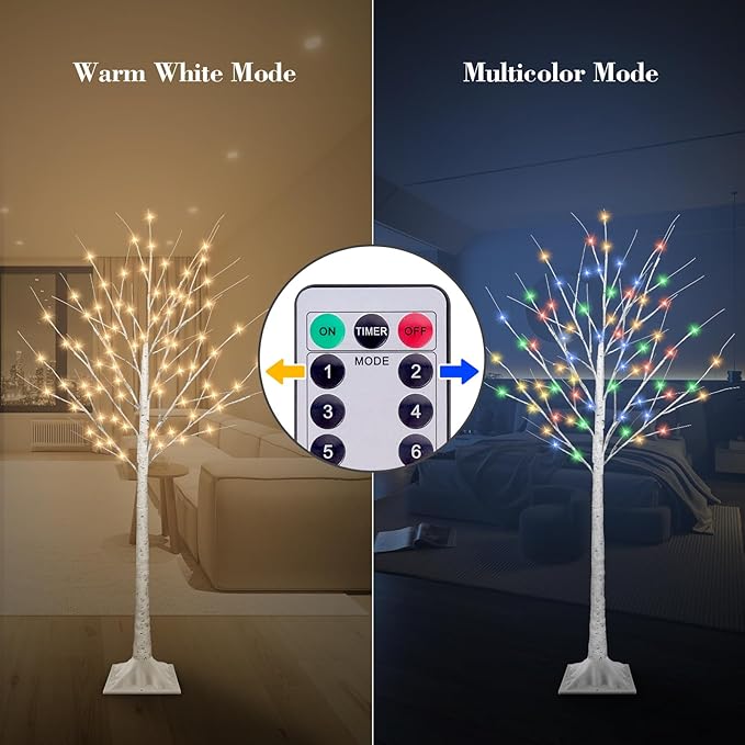 5FT Lighted Birch Tree with 90 LED Warm White and Multicolor Lights, 8 Modes, Timer Remote Faux Light Up Twig Christmas Tree for Indoor Outdoor Xmas Holiday Party Garden Decoration (2 Pack)