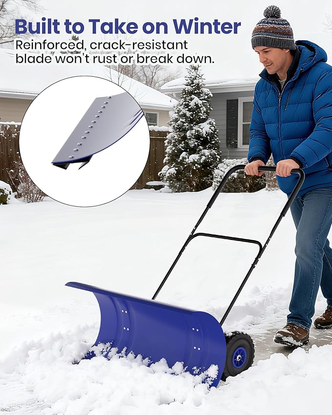 36" Snow Pusher Shovel with Wheels, Adjustable Ergonomic U-Handle Snow Plow for Driveway, Heavy Duty Wheeled Rolling Shovels for Driveway and Sidewalks with Angeled Blade