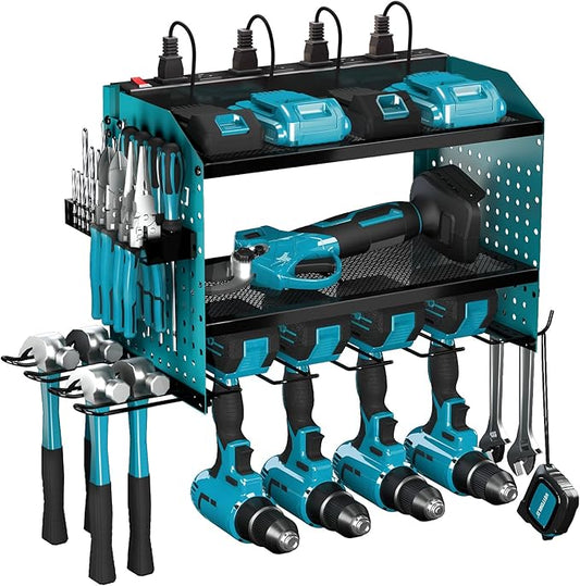 Veitorld Power Tool Organizer with Charging Station, Heavy Duty Modular Wall Mount Rack for Garage - 4 Drill Holders, Tool Storage Organizer, Christmas Birthday Gifts for Men Him Dad Husband