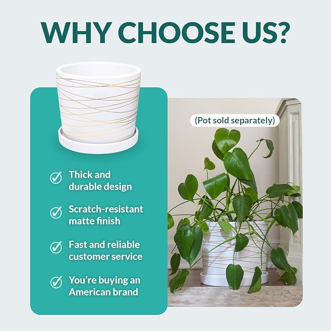 Heavy Duty Ceramic Plant Saucers for Indoors with Silicone Feet for Added Surface Protection - Scratch-Resistant Matte White, 10.75" at The Base or Less, Plant Water Catcher Tray