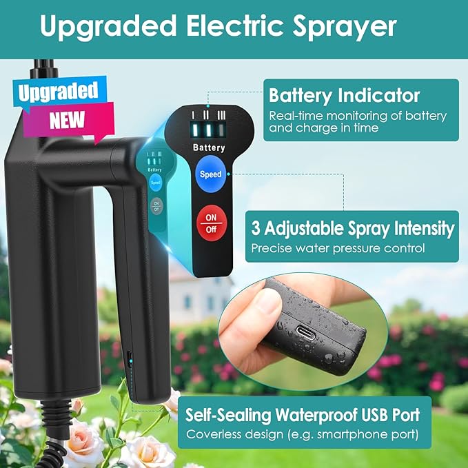 Battery Powered Sprayer 2 Gallon, 2025 Upgraded Electric Weed Sprayer with 3 Spray Forces, Battery Indicator, Rechargeable Handle,4 Mist Nozzles,23.6" Retractable Wand,Shoulder Strap, for Lawn&Garden