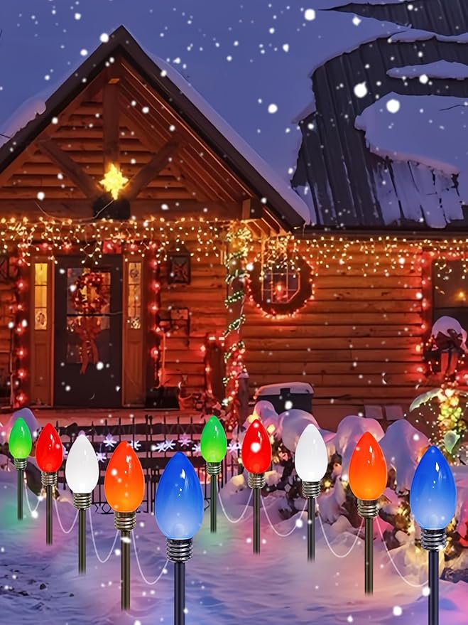 10 Pack Large C9 Christmas Decorations Outdoor Waterproof, Solar C9 Christmas Lights Outdoor with 2 Modes, Solar Pathway Lights for Outside Party Yard Lawn Patio Walkway Xmas Decoration (Multicolor)