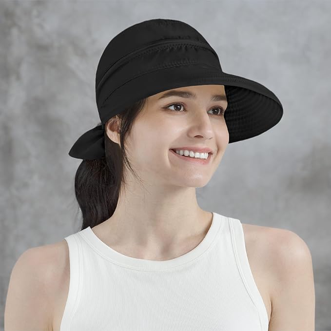 SUN CUBE Women Sun Hat for Outdoor UV Protection, Wide Brim Sun Hat Ponytail, Convertible Zip-Off Beach Hat Visor
