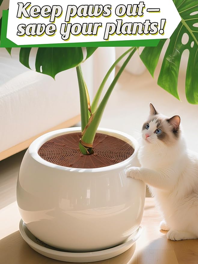 3 Plant Pot Grid Cover Protectors from Animals - 20.8" Dia Cuttable Flower Pot Soil Cover with 36 Stakes, Keep Cats Out of Potted Plants, Indoor Cat Digging Stopper, Baby Safety