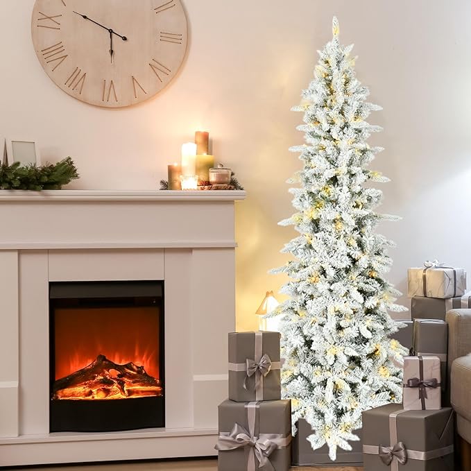 Fraser Hill Farm 6.5-Ft. Slim Mountain Pine Flocked Artificial Christmas Tree with Warm White LED Lights and Stand, Prelit Foldable Fake Tree with Realistic Snowy Foliage for Home Decoration
