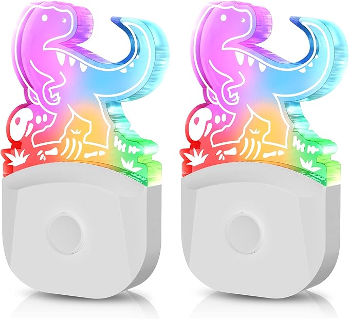 Dinosaur Night Light for Kids [2 Pack], 8 Color Changing Plug in Night Lights for Baby with Dusk to Dawn Sensor, Nightlight for Bathroom Decor, Children Room, Dinosaur Toys Gifts