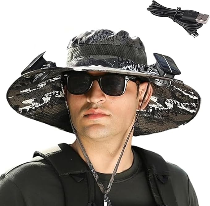 Wide Brim Sun Hat with Fan - Solar Fan Hat, Hat with Solar Fans Built in, Large Fishing Hat with Fans for Men, for Outdoor Hiking Camping Fishing Garden, Dark Gray Camouflage