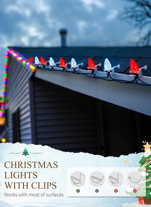 C9 Led Christmas String Lights, 68 Ft 100 LED Strawberry Roof Lights with 100 All in One Clips, Commercial Grade Waterproof Extendable for Indoor Outdoor Roofline Home Xmas Decor, Red & Pure White