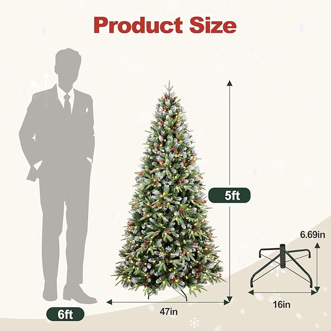 5Ft Pre-Lit Artificial Christmas Tree Fully Pre-Decorated with 1131 Flocked Frosted Tips, 47 Berries, 47 Pine Cones, 250 Lights, Realistic Xmas Tree with Metal Hinges& Floded Stand