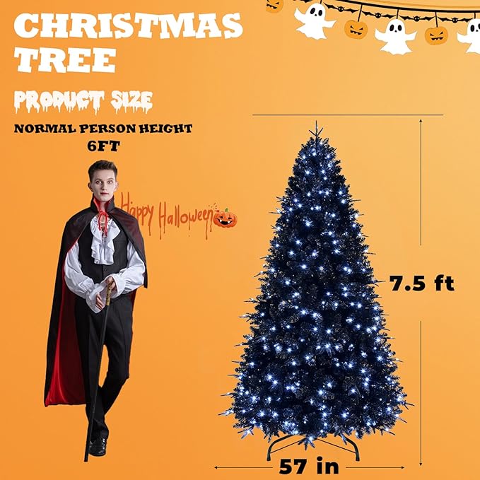 7.5FT PreLit Black Christmas Tree with 500 Lights, Artificial Fake Christmas Tree with 2156 PE&PVC Branch Tips, Halloween and Xmas Tree for Holiday Decorations, Metal Stand and Hinged Branches