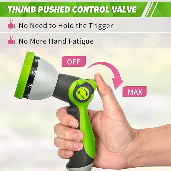 AUTOMAN Garden Hose Nozzle Sprayer - 10 Spray Patterns, Thumb Control On Off Valve, Durable Water Nozzle, Extra 4 Washers, for Watering Garden, Cleaning, Washing Car, Showering Pets Lawngreen