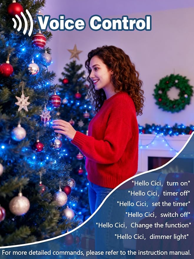 Voice Controlled Christmas Lights with Remote, 99 FT 300 LED String Lights Indoor Outdoor with 12 Modes 3 Timers, Dimmable Twinkle Light Plug in Waterproof for Xmas Tree Yard Party Decorations, Blue