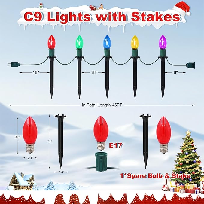 45Ft C9 Led Christmas Pathway Lights Outdoor, 30 Multicolor Bulbs Waterproof Connectable Christmas Walkway Lights for Driveway, Yard, Lawn, Sidewalk Decorations